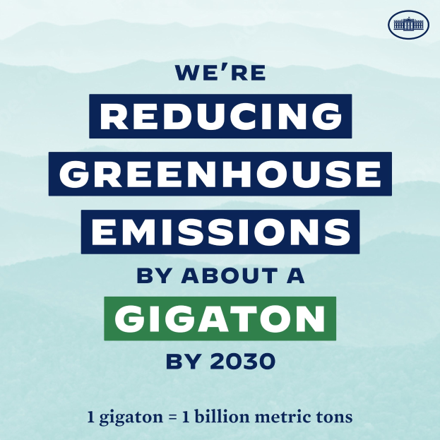 Plakat mit Text und Logo, das "Wir reduzieren die Treibhausgasemissionen um etwa eine Gigatonne bis 2030" fordert, für eine signifikante Reduzierung der Treibhausgasemissionen bis 2030.