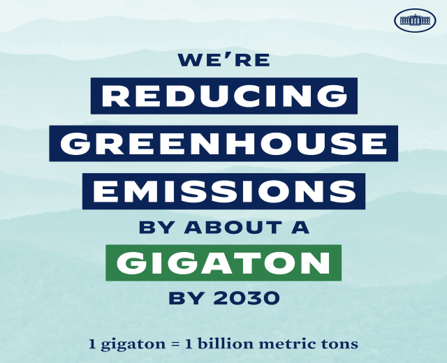 Plakat mit Text und Logo, das "Wir reduzieren die Treibhausgasemissionen um etwa eine Gigatonne bis 2030" fordert, für eine signifikante Reduzierung der Treibhausgasemissionen bis 2030.