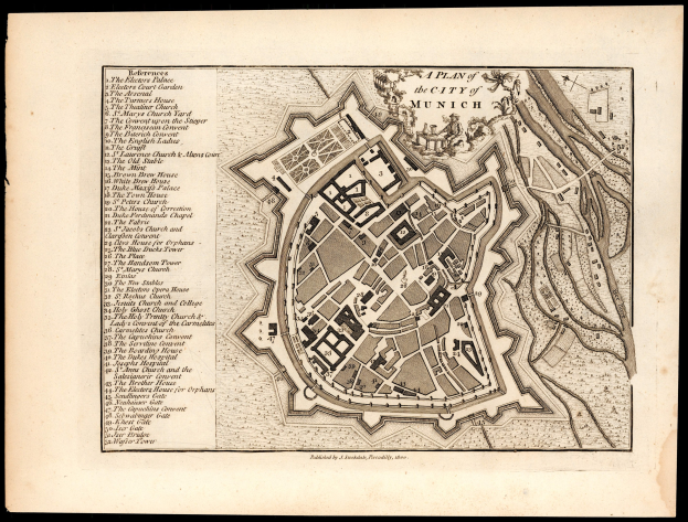 Schwarz-weiß-Karte von München, Deutschland, mit Straßennamen und Sehenswürdigkeiten auf einem dunklen Hintergrund.
