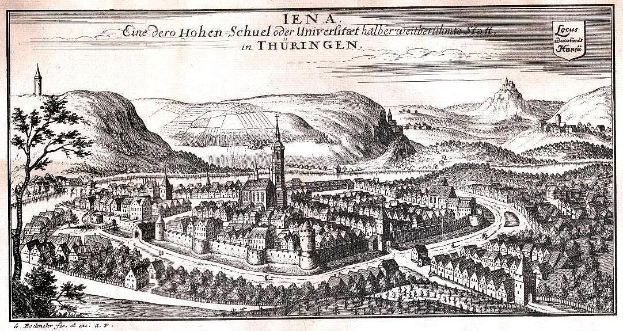 Schwarze und weiße Gravur von Jena, Deutschland, mit Gebäuden, Bäumen, Hügeln und Himmel, beschriftet mit «Iena, die Hauptstadt von Deutschland» oben und unten.