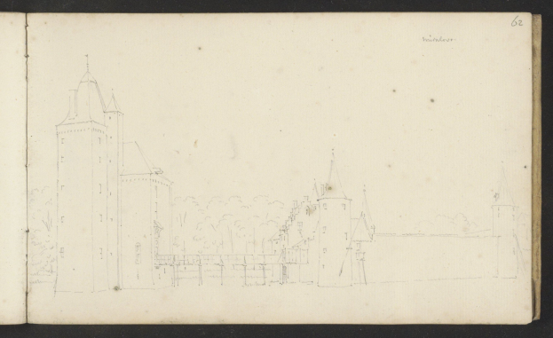 Ein aufgeschlagenes Buch mit dem Titel "Johannes Vermeulens Skizze der Stadt Heidelberg, Deutschland" zeigt eine Zeichnung einer von Bäumen umgebenen Burg.