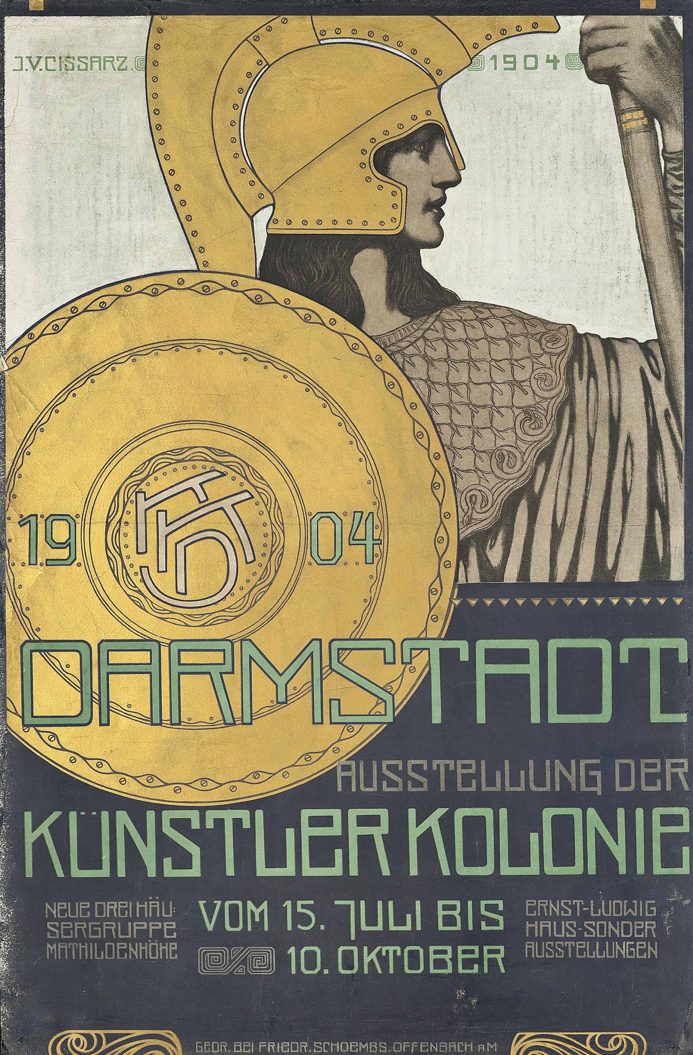 Plakat für ein 1904er Berlin-Konzert mit einem Helmbekleideten, der ein Schild hält, mit 'Darmstadt' und 'Künstler Kolonie' in fetter Schrift.