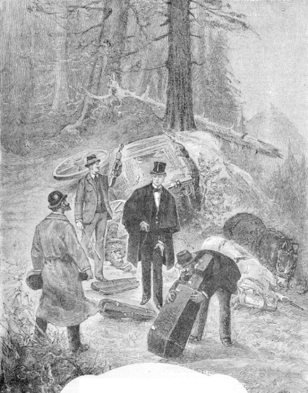 Eine Gruppe von Männern in Schwarz und Weiß steht um ein Auto in einem Waldgebiet herum, einer hält eine Waffe, mit dem Text 'Der Tod von George Washington' unten.