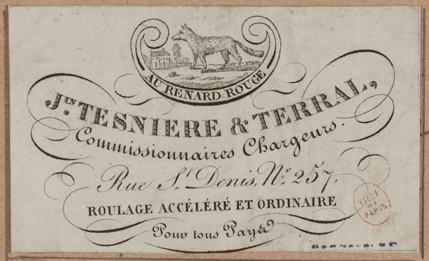 Alte Visitenkarte mit einem Hund in der Mitte und gedrucktem Text.