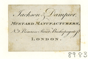 Schwarze und weiße Geschäftskarte für Jackson & Damper Senfhersteller, die die Adresse No. 2, Primrose Street, Bishopgate, London auflisten.
