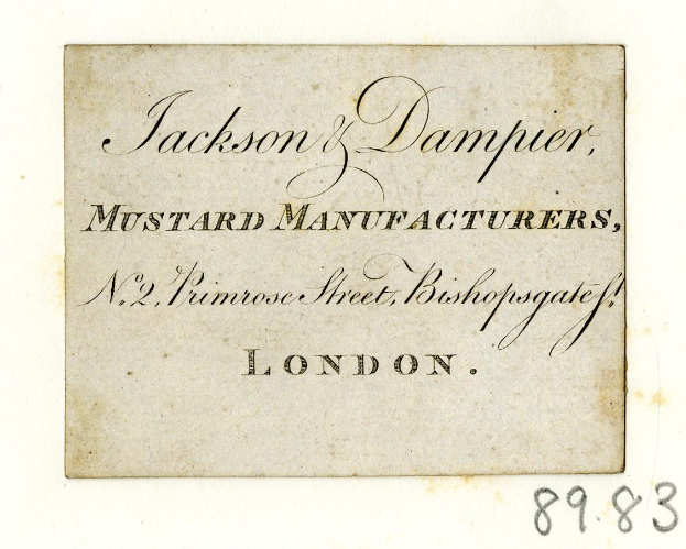 Schwarze und weiße Geschäftskarte für Jackson & Damper Senfhersteller, die die Adresse No. 2, Primrose Street, Bishopgate, London auflisten.