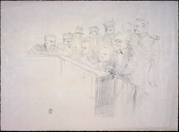 Schwarz-weiß-Zeichnung eines Gerichtssaals mit einer Gruppe von Menschen, die an einem überfüllten Tisch sitzen, einige sehen ernst aus, andere besorgt.