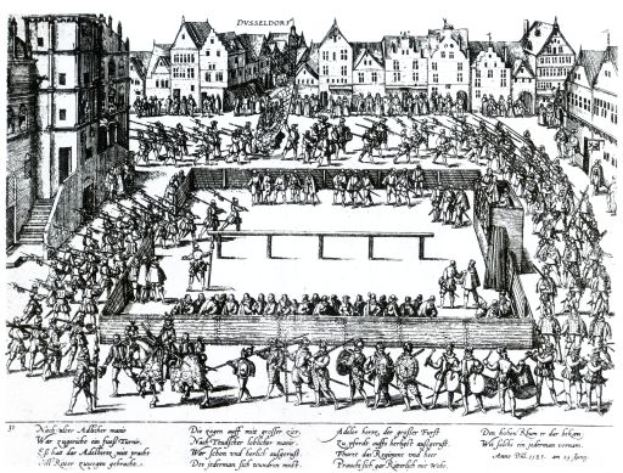 Ein Schwarz-Weiß-Zeichnung einer Menge von Menschen, die in einer Stadt kämpfen, mit Gebäuden im Hintergrund und dem Text "Die Schlacht von Düsseldorf" unten.