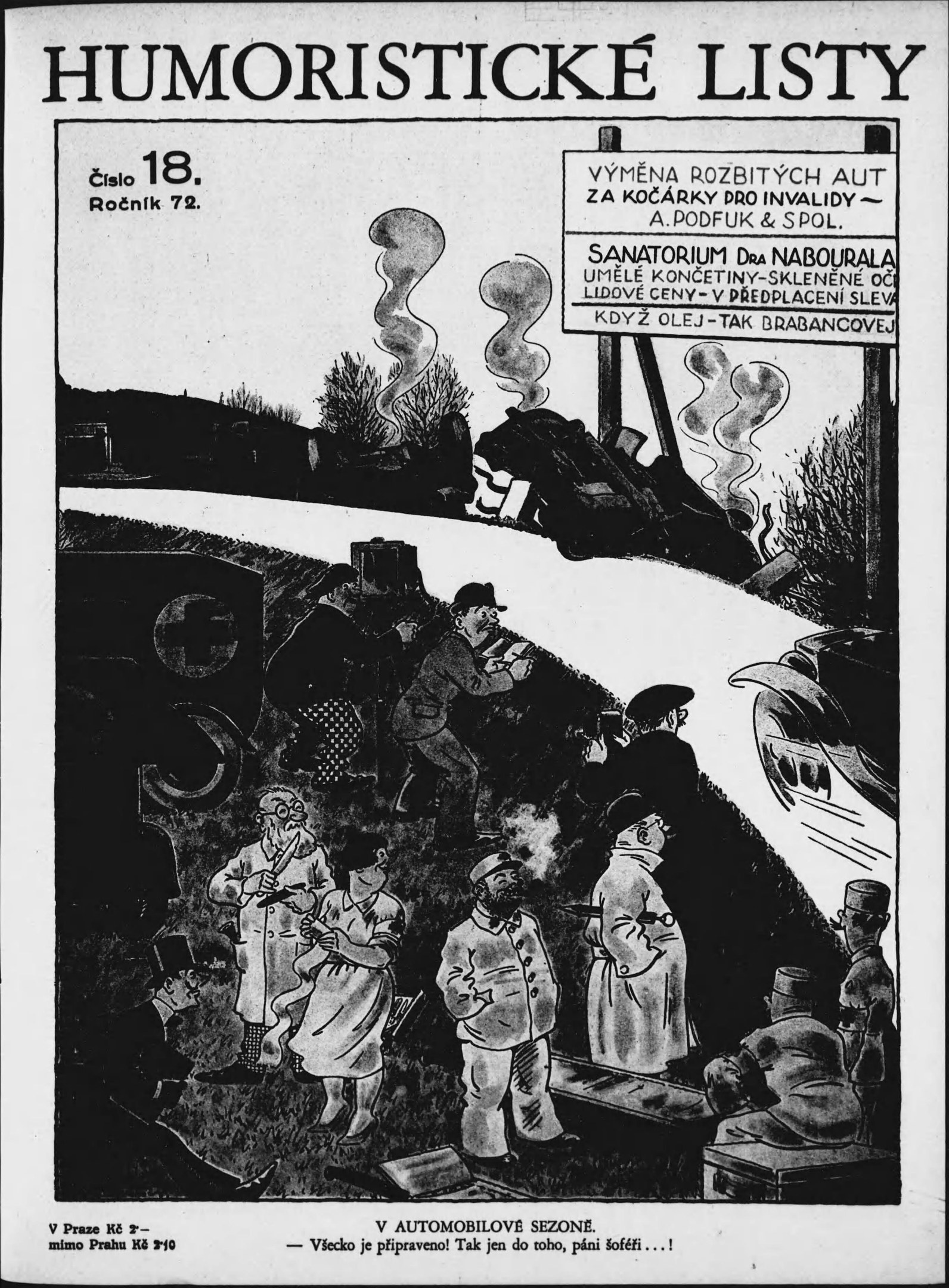 Schwarzes und weißes Cartoon von Menschen, die auf einen Zug schauen mit "humoristische Listen 18" darauf geschrieben.