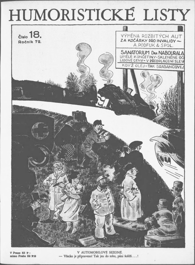 Schwarzes und weißes Cartoon von Menschen, die auf einen Zug schauen mit "humoristische Listen 18" darauf geschrieben.