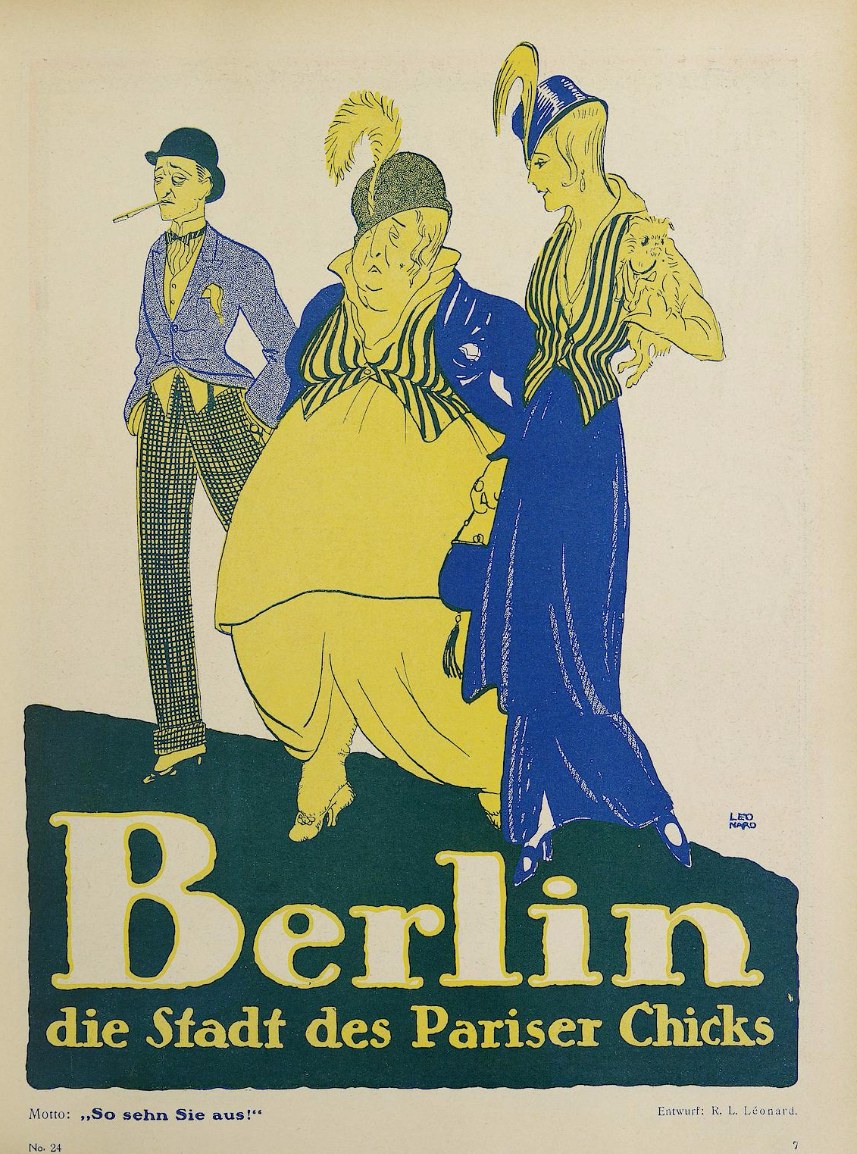 Plakat für ein Konzert in Berlin, Deutschland, das eine Gruppe farbig gekleideter Menschen vor einem Gebäude mit der Aufschrift "Berlin - Die Stadt des Pariser Chicks" zeigt.