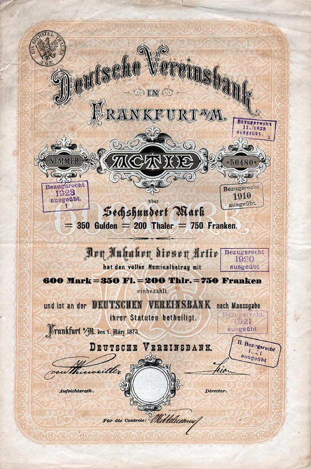 Altes deutsches Wertpapier der Deutschen Vereinsbank in Frankfurt, auf Papier gedruckt.