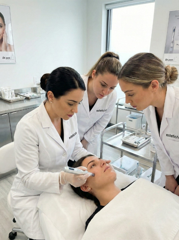 Ein Team von drei Kosmetikspezialistinnen in professioneller Kleidung führt konzentriert eine Gesichtsbehandlung durch. Die ruhige Atmosphäre und die hochwertige Ausstattung unterstreichen den Einsatz fortschrittlicher Hautpflegeverfahren in einer klinisch reinen Umgebung.