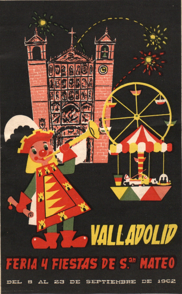 Buntes Karnevalsplakat in Valladolid, Spanien, mit einem Gebäude, Riesenrad, Spielzeug und textlicher Feierlichkeit.