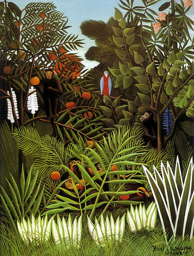 Ein Gemälde namens 'Der Dschungel' von Henri Rousseau, das eine üppige Dschungelszene mit Bäumen, Pflanzen, Blumen, Affen und einer Person im Vordergrund zeigt, mit Text unten.