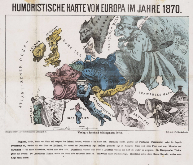 Ein Plakat mit dem Titel "Humoristische Karte von Europa im Jahre 1870", das eine Karte von Europa mit Cartoon-Illustrationen und Text zeigt.