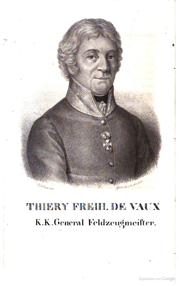 Portrait eines Thierry Freih de Vaux, eines deutschen Generals, der eine schwarze Uniform trägt, mit dem Text "thierry freih de vaux - kk general feldzeugmeister" unten.