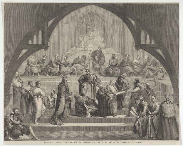 Eine Gruppe von Menschen, die vor einem Gebäude stehen und sitzen, mit Text unten, der 'The School of Legislation by G.W. Watts in Lincoln's Hall' liest.