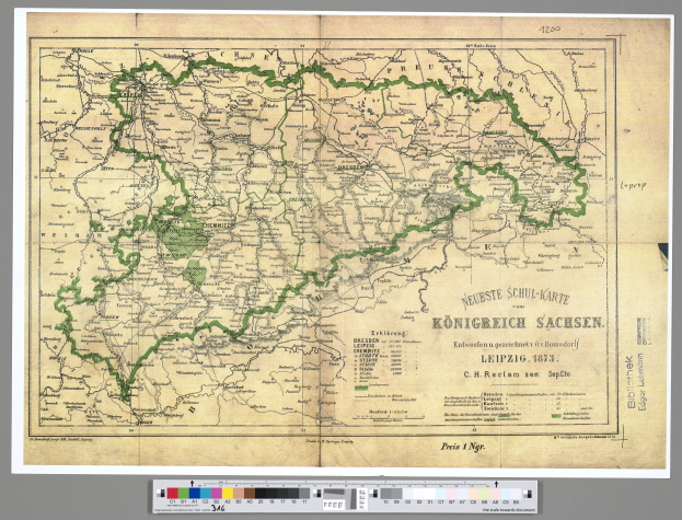 Eine alte Deutschlandkarte mit einer grünen Linie, die hindurchläuft, auf Papier gedruckt mit Text- und Farboptionen unten.