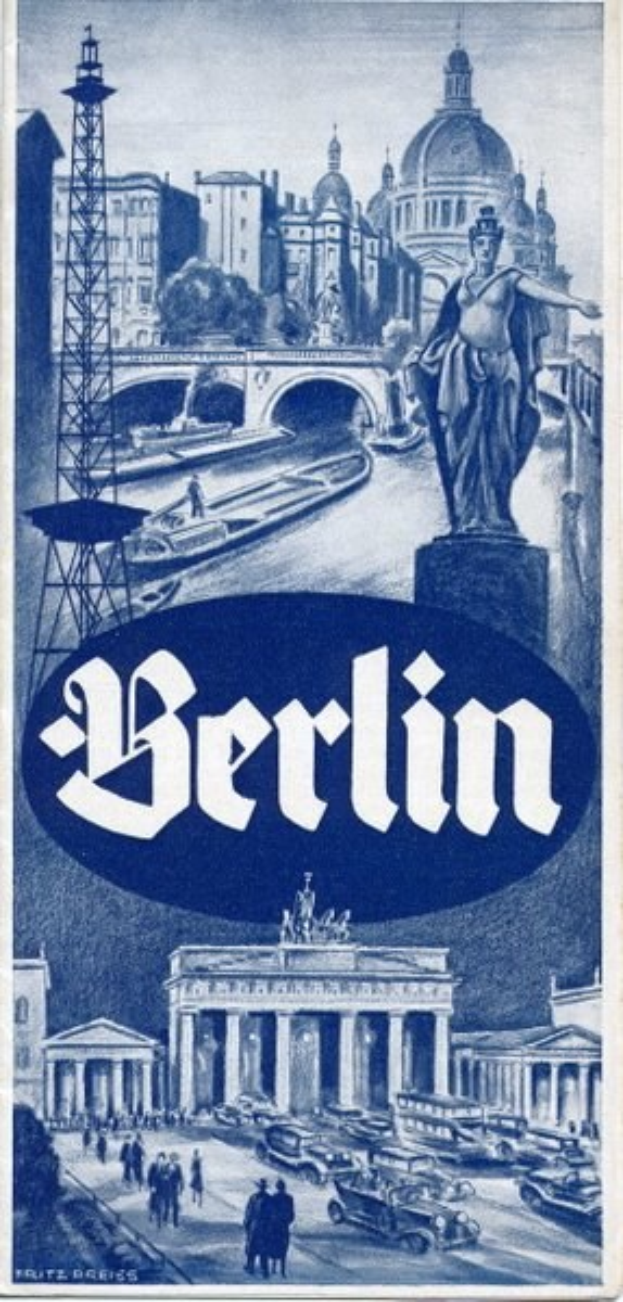 Plakat, das Berlin, Deutschland bewirbt, mit einer Statue, Gebäuden, einem Turm, Menschen, Fahrzeugen auf der Straße und einer Brücke, mit Text, der Informationen über die Stadt enthält.