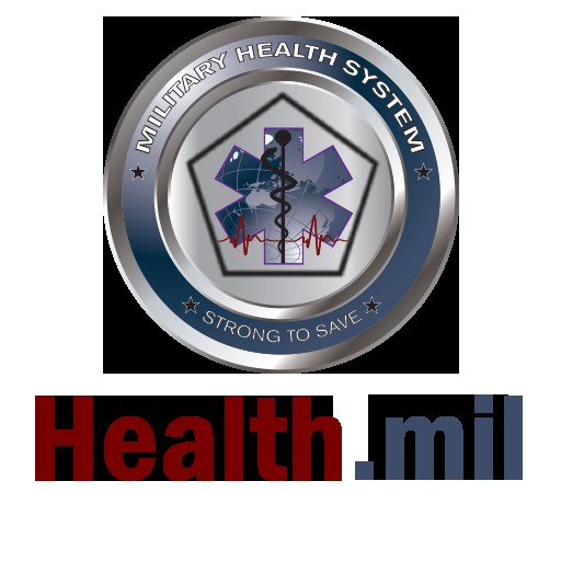 Blauer Kreis mit einem weißen Stern in der Mitte, weißer Rahmen und fetter schwarzer Text, der 'Health.mil.' liest