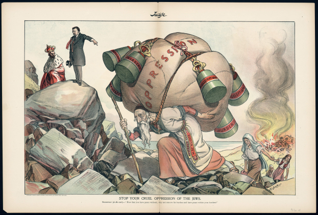 Eine Karikatur eines Mannes mit einem großen Geldbeutel auf Felsen, der einen Stock hält und von Menschen umgeben ist, mit der Inschrift "Hört auf mit eurer grausamen Unterdrückung der Juden".