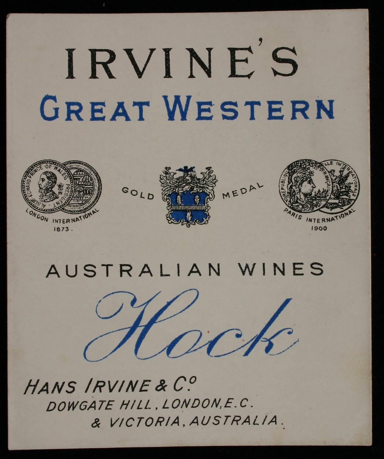 Plakat, das "Irvines Große Western-Australische Weine Hock" mit Firmenlogos bewirbt, wahrscheinlich verschiedene Weinsorten.