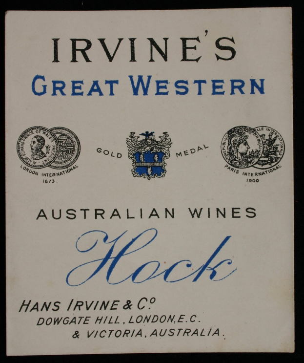 Plakat, das "Irvines Große Western-Australische Weine Hock" mit Firmenlogos bewirbt, wahrscheinlich verschiedene Weinsorten.