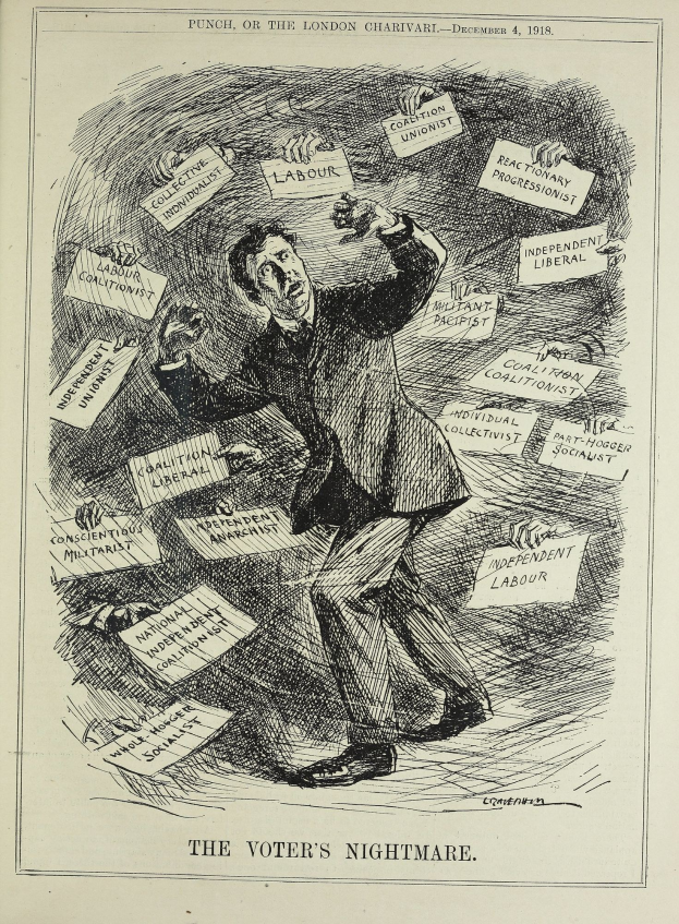 Ein Blatt mit einer Zeichnung eines Mannes im Anzug und Krawatte, der ein Schild mit der Aufschrift "Der Wähleralbtraum" in fetter Schrift hält.