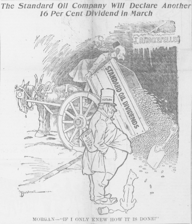 Eine Karikatur eines Mannes, der neben einem von einem Pferd gezogenen Wagen mit einem Rad in der Mitte steht, mit dem Text "The Standard Oil Company Will Declare Another 16 Per Cent Dividend in March" auf dem Papier.