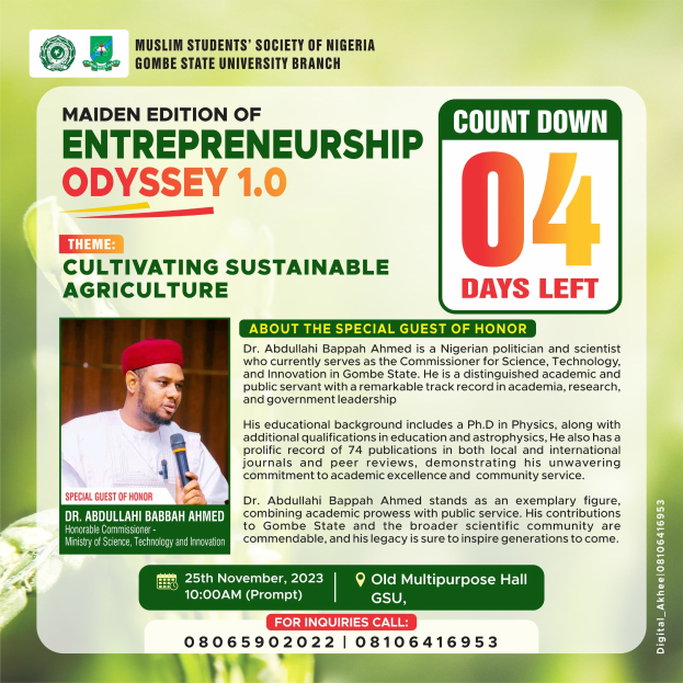 Plakat für die Premiere von Entrepreneurship Odyssey 1.0 mit dem Titel "Nachhaltige Landwirtschaft kultivieren", das einen Mann in einem weißen Hemd mit einem Mikrofon zeigt, der entschlossen aussieht.