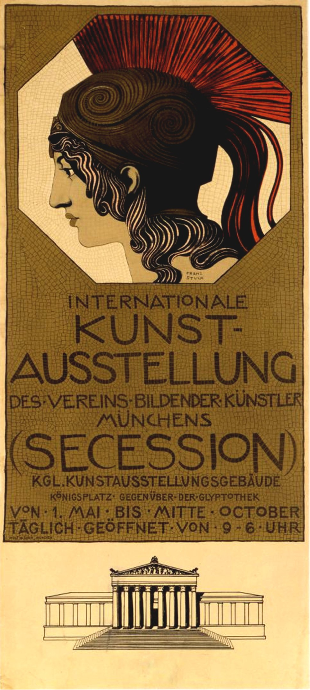 Plakat für die Internationale Kunstausstellung in München, Deutschland, mit einem zentralen Bild einer Frau mit einem menschlichen Gesicht und Text mit Veranstaltungseinzelheiten.