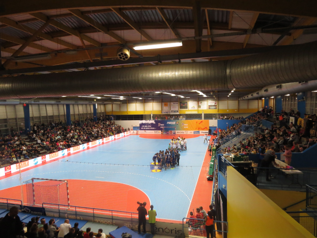 Großer Indoor-Handballstadium mit Sitz- und Stehplätzen, Netz links, Texttafeln im Hintergrund und Beleuchtung und Rohre oben.