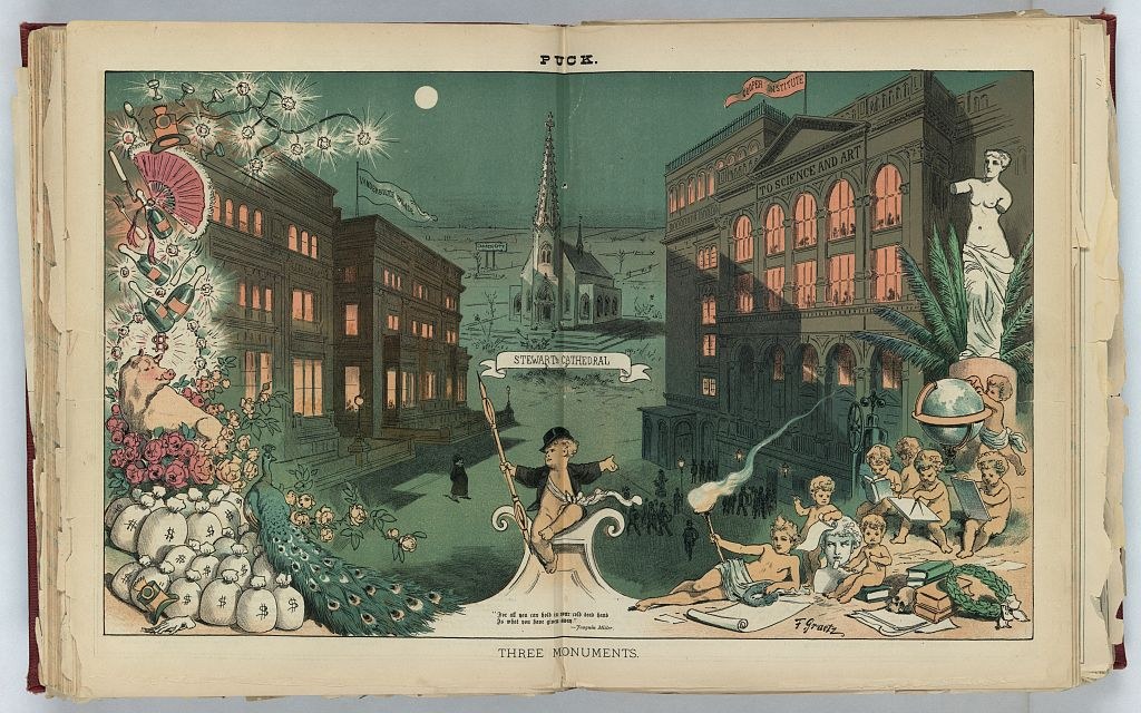 Offenes Buch mit dem Titel "Drei Denkmäler" (1892) mit einer detaillierten Zeichnung einer belebten Stadtlandschaft mit Menschen, Gebäuden, Bäumen, Pflanzen und Blumen.