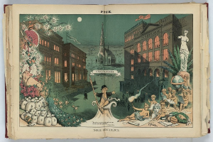 Offenes Buch mit dem Titel "Drei Denkmäler" (1892) mit einer detaillierten Zeichnung einer belebten Stadtlandschaft mit Menschen, Gebäuden, Bäumen, Pflanzen und Blumen.