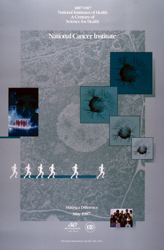 Buntes Plakat für das National Cancer Institute mit einem blauen Hintergrund und weißer, fetter, großgeschriebener Schrift, die 'National Cancer Institute' lautet, umgeben von überlappenden Bildern von lächelnden Menschen verschiedenen Alters, Geschlechts und Ethnien, die in einem Kreis angeordnet sind.