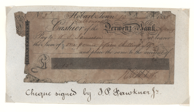 Ein alter Scheck der Derwent Bank mit einem Schwarz-Weiß-Bild eines Mannes und Textdetails.