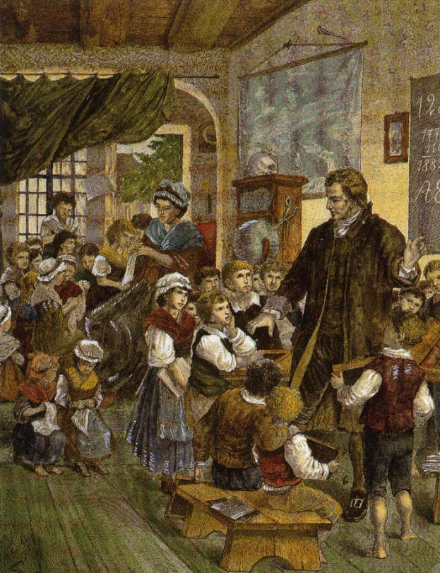 Ein Gemälde mit dem Titel "Die Lehrerklasse" von William Hogarth, das einen Mann vor einem Klassenzimmer mit Kindern zeigt, einige sitzen auf Bänken und andere stehen, mit einer Tafel, einem Foto, einem Fenster, einem Vorhang und einem Dach auf der rechten Seite.