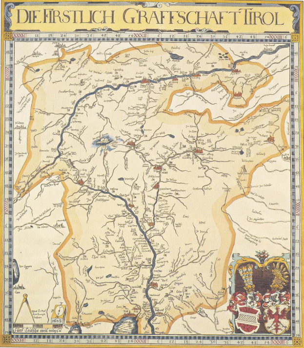 Eine detaillierte Karte der ersten deutschen Grafschaft Tirol mit geografischen Elementen wie Flüssen, Bergen und Städten sowie begleitendem informativem Text und Bildern.