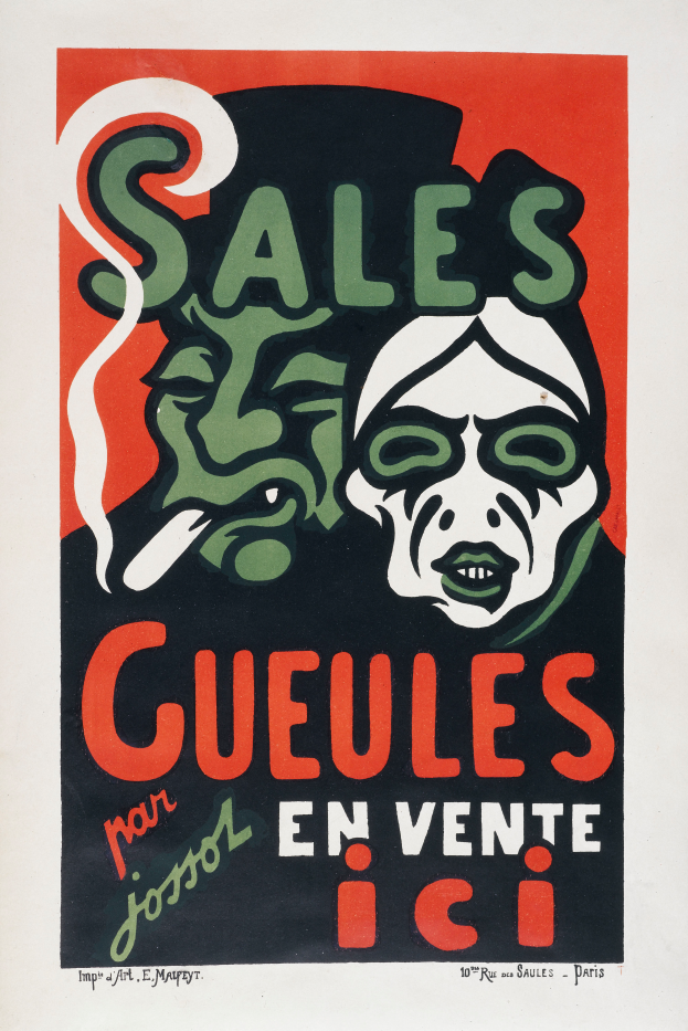 Ein Plakat mit weißem Hintergrund, das ein Personenporträt und den Text "Verkaufs-Cueules en vente ici" zeigt. Die Person hat einen ernsten Gesichtsausdruck, kurze dunkle Haare und trägt ein weißes Hemd mit schwarzem Kragen. Der Text ist in fetter, schwarzer Schrift und mittig auf dem Plakat positioniert.