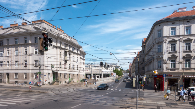 Eine Stadtstraße mit Autos, Fußgängern, Gebäuden, Strommasten, Verkehrsampeln, Schildern, Bäumen und einem bewölkten Himmel.