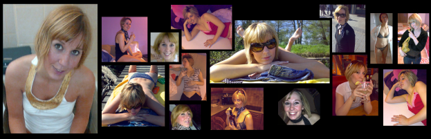 Eine Frau mit strahlendem Lächeln, die eine weiße Bluse trägt und von einem Fotocollage umgeben ist, das sie in verschiedenen Posen zeigt.