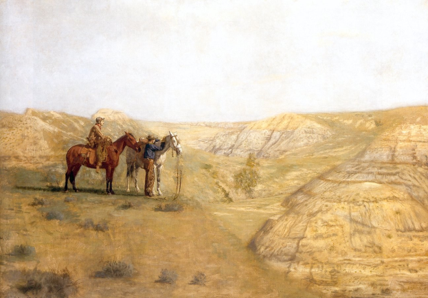 Zwei Cowboys zu Pferde in einer Wüstenlandschaft mit rollenden Hügeln, üppiger Vegetation und einem klaren blauen Himmel, gemalt von John Singer Sargent.
