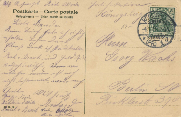 Eine alte deutsche Postkarte in sehr gutem Zustand, die ein Stempel und den Text "Weitpostverein - Union Postale Universelle" trägt.