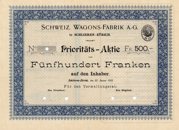 Ein altes deutsches Wertpapier mit blauem Rand und der Inschrift "Schweiz Wagons-Fabrik A.G."