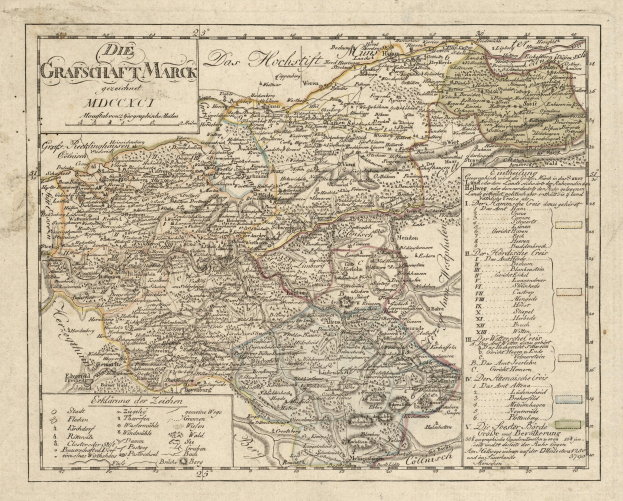 Eine detaillierte, alte Karte von München, Deutschland, mit Straßen, Parks und Sehenswürdigkeiten in blauen, grünen und gelben Tönen, umgeben von einem dekorativen Rahmen.