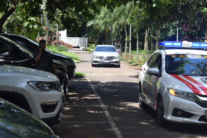 Ein Polizeiwagen steht auf der Seite einer Straße neben anderen Fahrzeugen, wobei eine Person auf der linken Seite mit einem Mobiltelefon in der Hand steht und ein Hintergrund mit Bäumen, Schildern, Pfählen, Pflanzen, Gras und einer Wand zu sehen ist.
