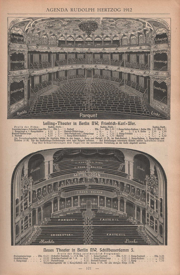 Schwarz-weiß-Illustration einer alten Buchseite mit einem großen Auditorium in Berlin, Deutschland, aus dem Jahr 1912, mit detaillierten Layout-Zeichnungen und begleitendem Text.