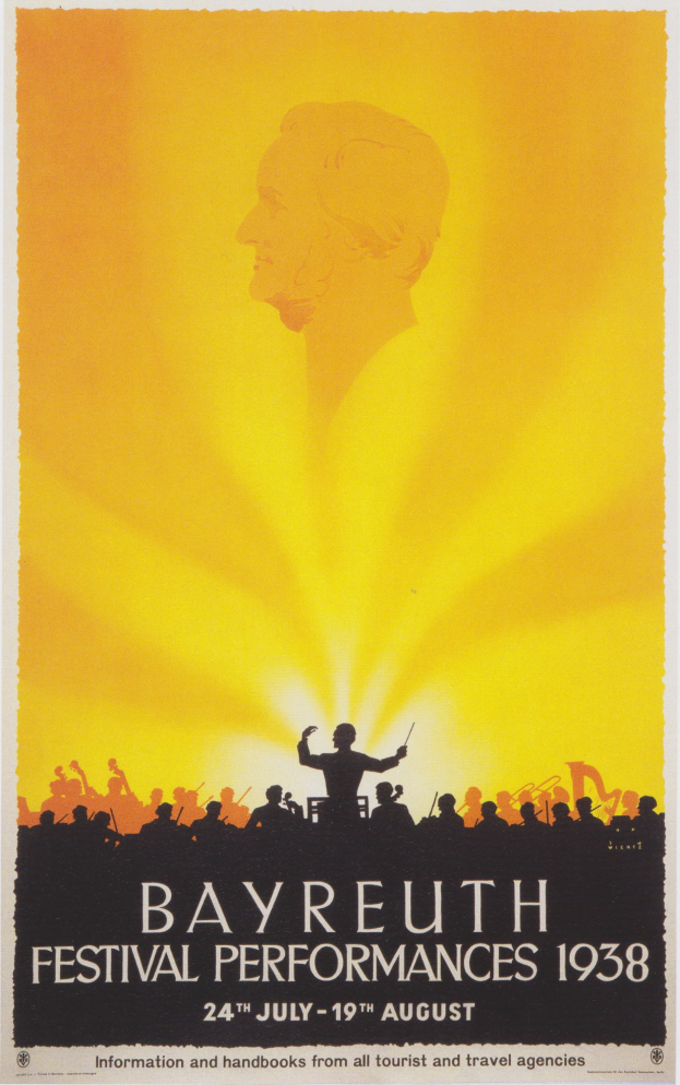 Ein Plakat für die Bayreuth-Festival-Aufführungen 1938, das eine zentrale Figur umgeben von einer Gruppe von Menschen zeigt, mit Text, der Festival-Informationen bereitstellt.