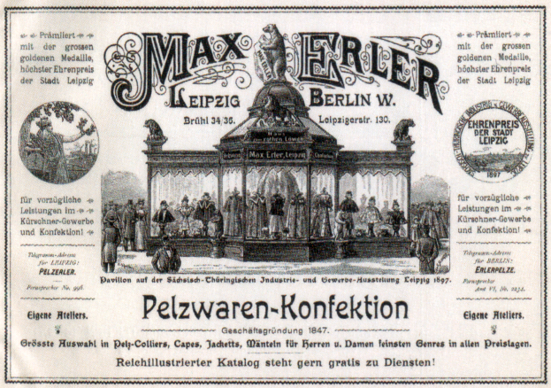 Ein Werbeplakat aus den 1950er Jahren für Max Erler Leipzig in Berlin, Deutschland, das eine Gruppe von Menschen vor einem Gebäude zeigt.